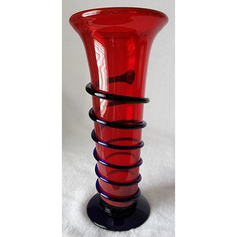 Vintage Art Deco Vase ~ Cobalt Blue SNAKE CORDING on Red Glass Decor 10.25”
